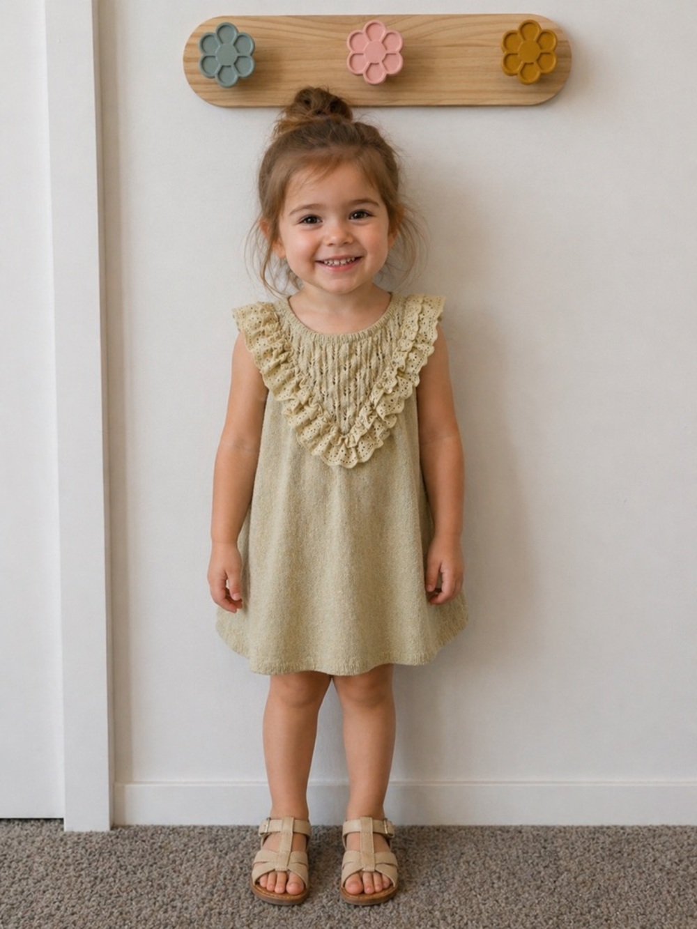 Zara Pale Cream Knit Dress with Ruffle Bib NWT